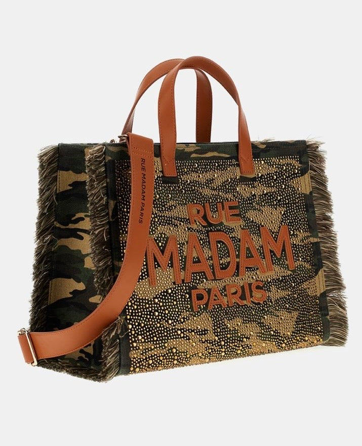 Rue Madam Seattle TOTE borsa due manici con tracolla camouflage con strass e frange pelle vegan