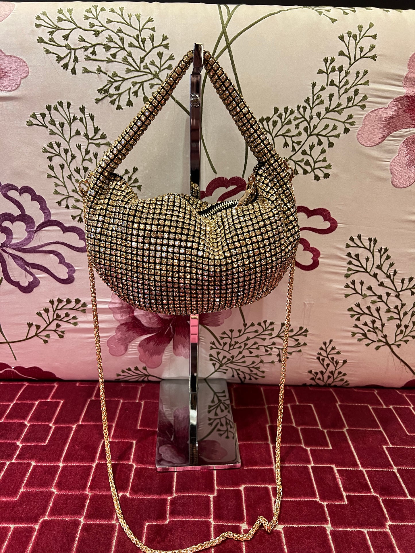 Love & roses borsa a mano full strass oro bronzato con tracollina dorata