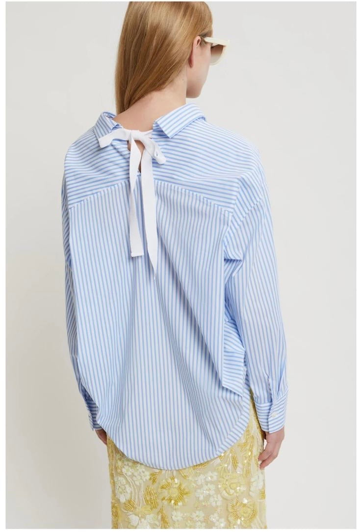 Ermanno Scervino camicia righe con ricamo paillettes gialle e bianche fiocco posteriore
