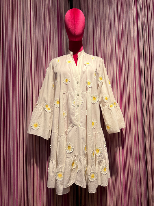 Mon amour Paris abito corto in cotone bianco con applicazioni margherite