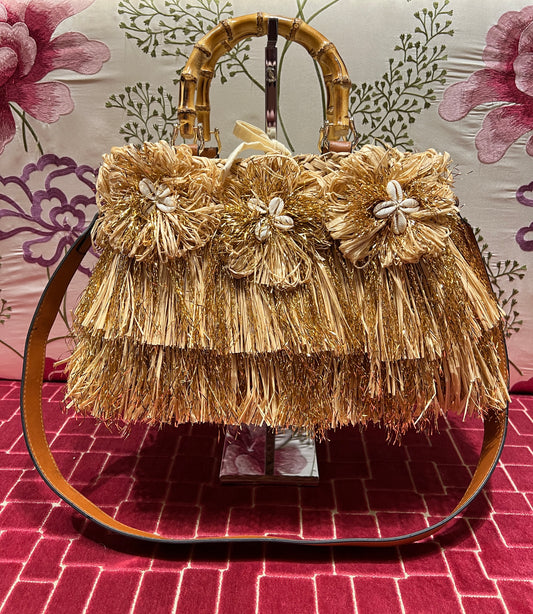 Borsa in rafia manici in bambù con decorazioni conchiglie e tracolla