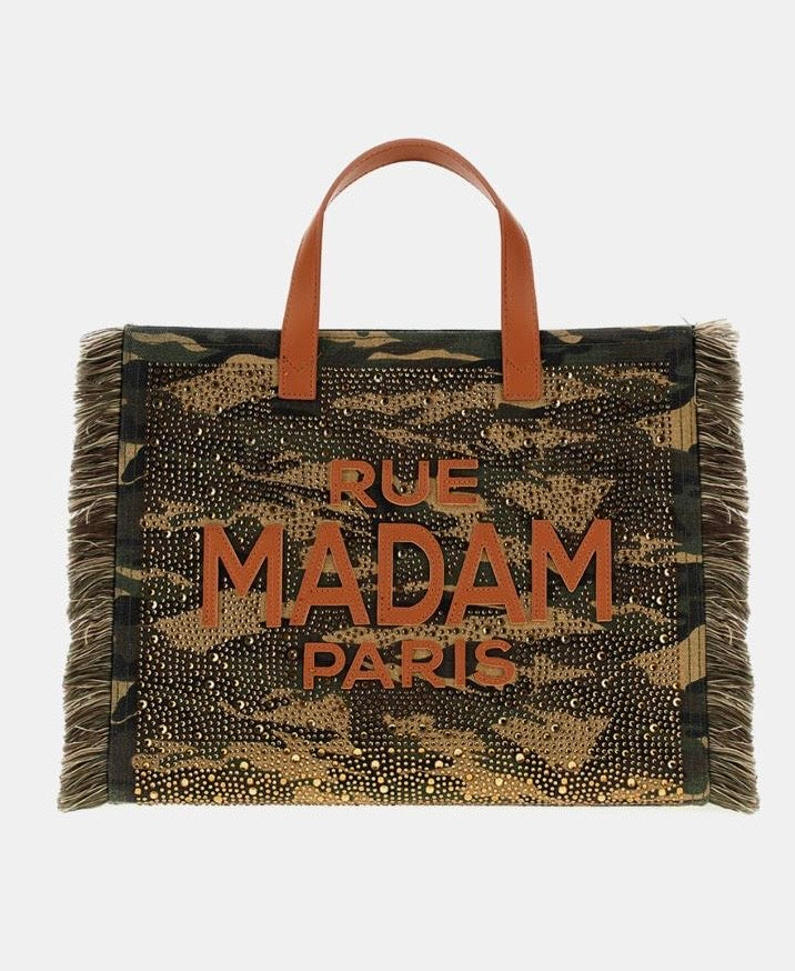 Rue Madam Seattle TOTE borsa due manici con tracolla camouflage con strass e frange pelle vegan