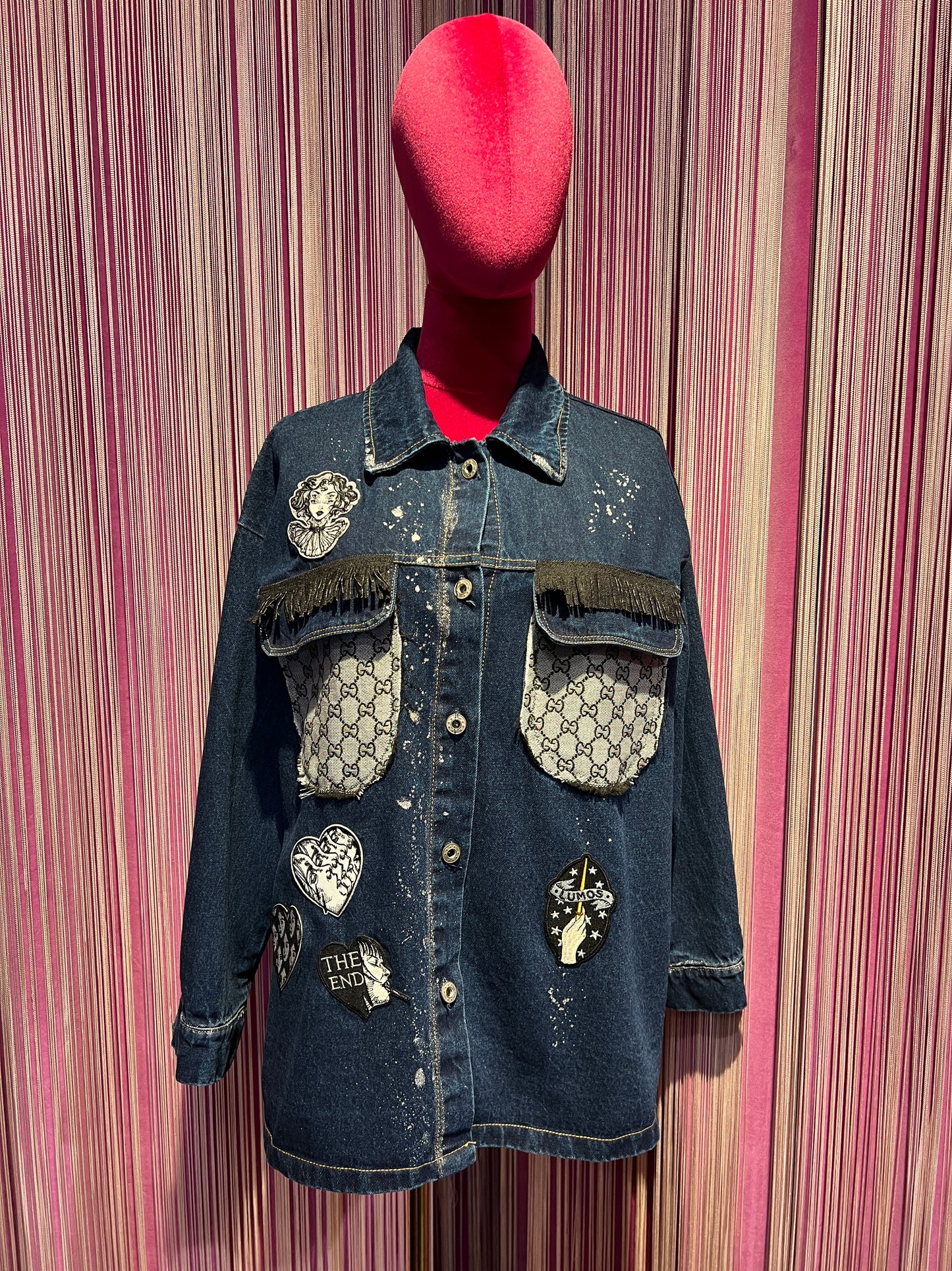 ABpink🩷 giacca camicia jeans stoffa vintage nera con patch