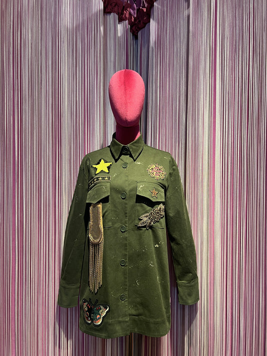 ABpink🩷 giacca Charlotte verde militare con patch stella paillettes gialla tigre fucsia sul retro vestibilita’ 40/44