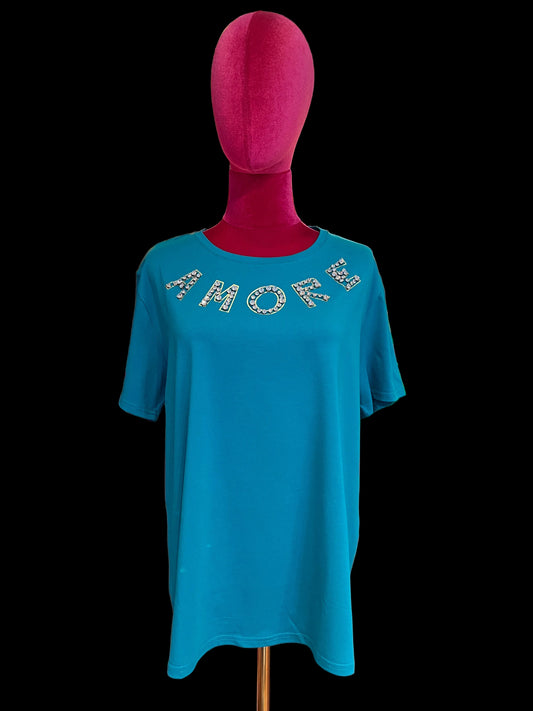 Mon amour Paris t shirt mezza manica verde petrolio con scritta “ Amore” con cristalli