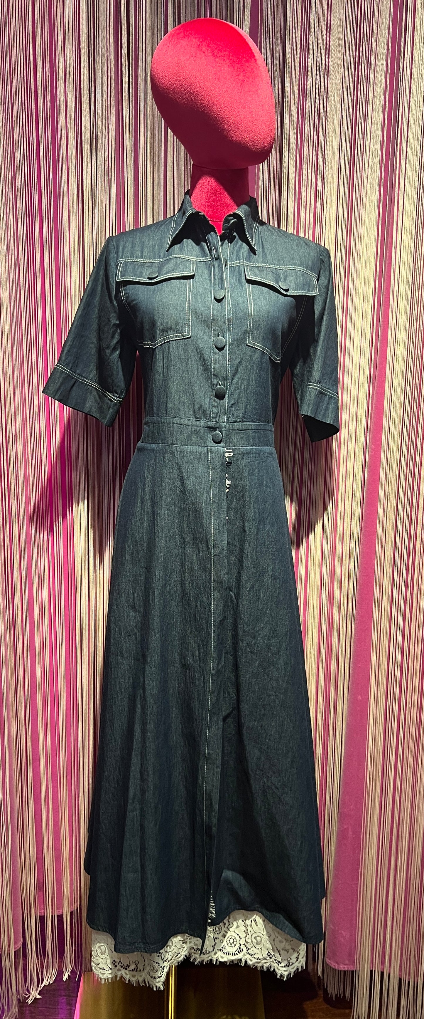 Pink memories abito chemisier in denim con pizzo