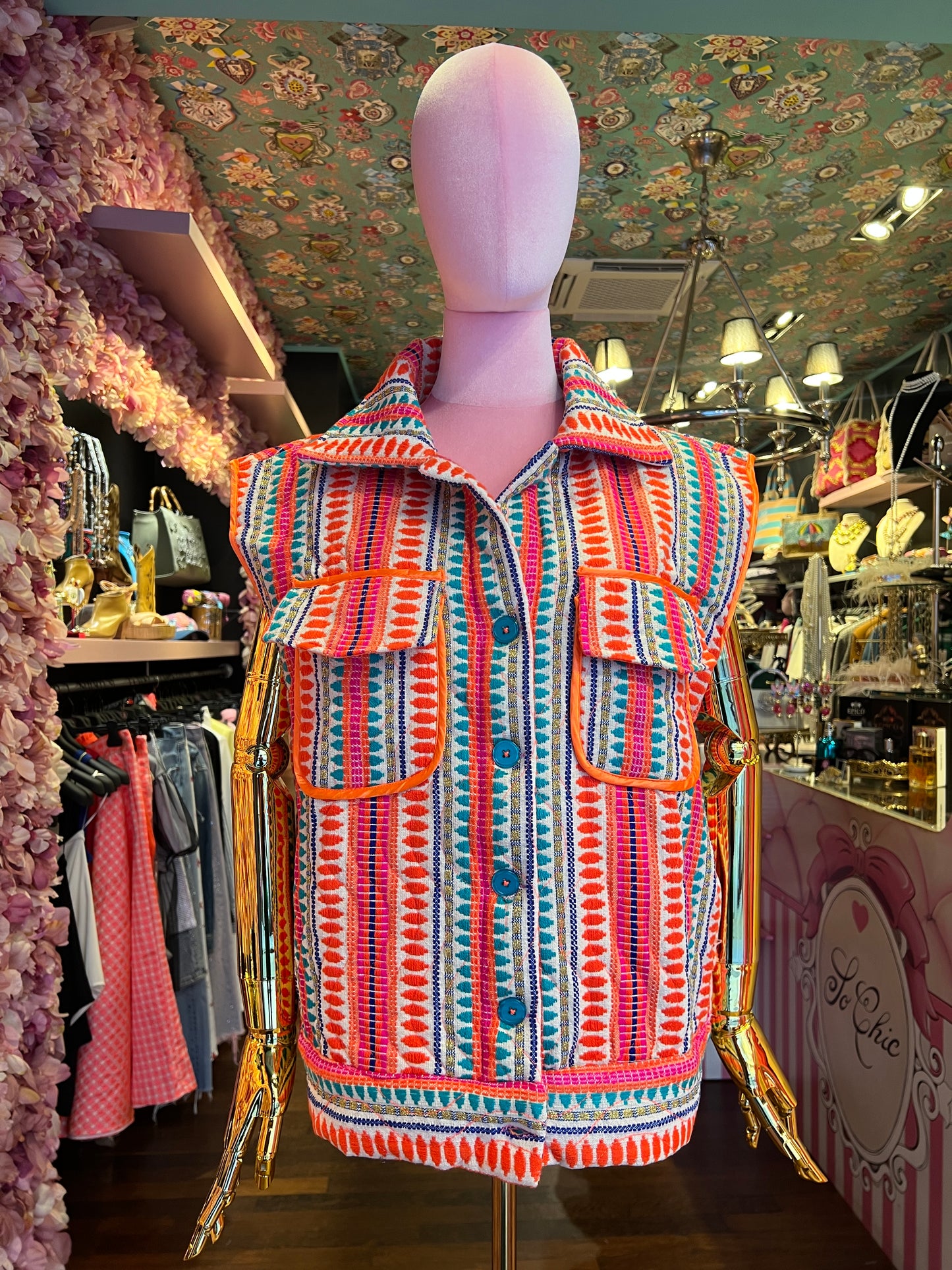 Mon amour Paris gilet leggermente imbottito fantasia geometrica su sfondo panna