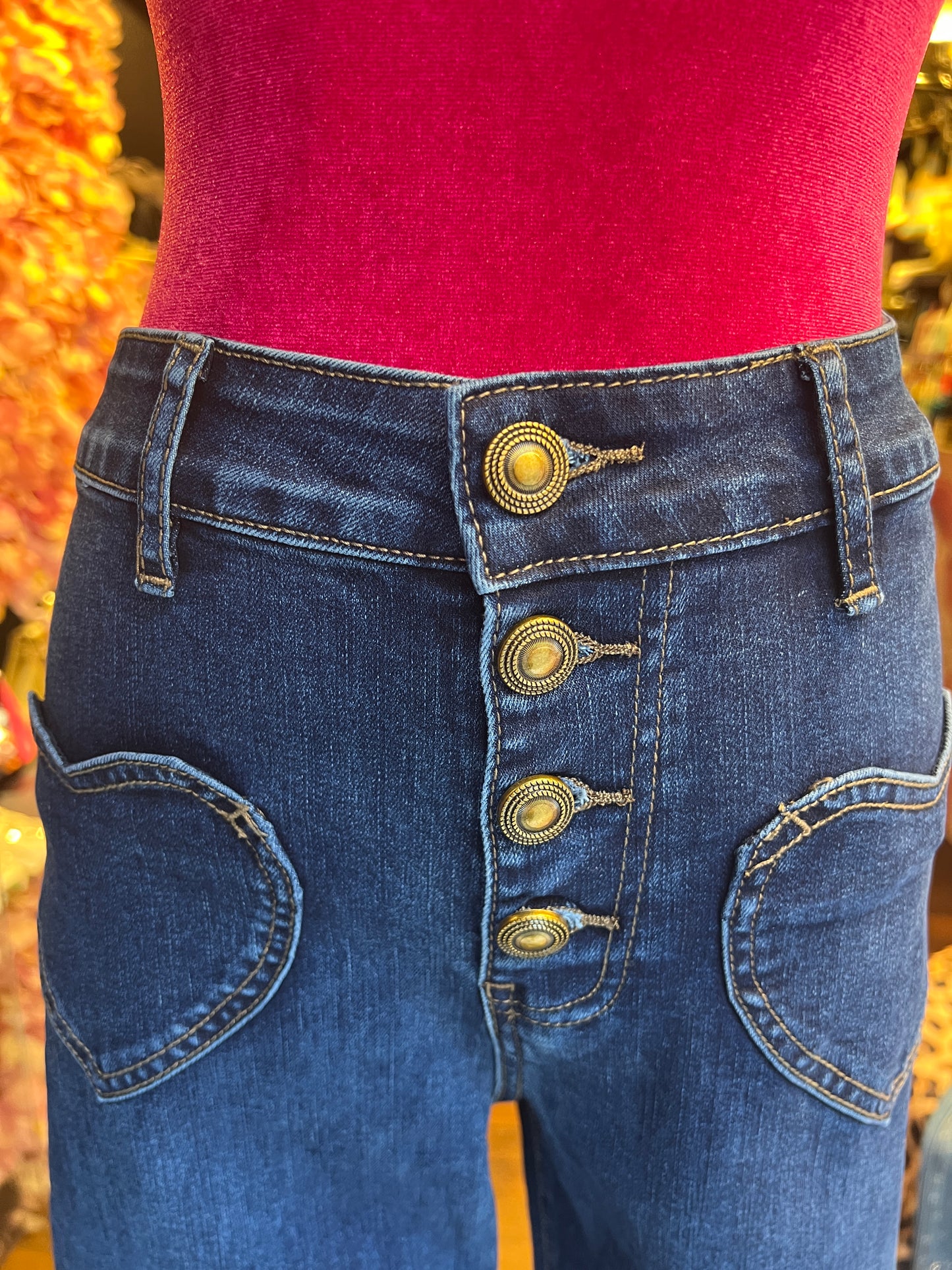 Mon amour Paris jeans a zampa con bottoni tasche a cuore elasticizzato
