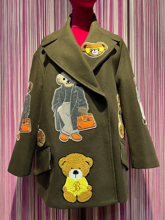 Caban Romantic luxury cost giacca / cappotto verde militare oversize doppiopetto con patch orsetti