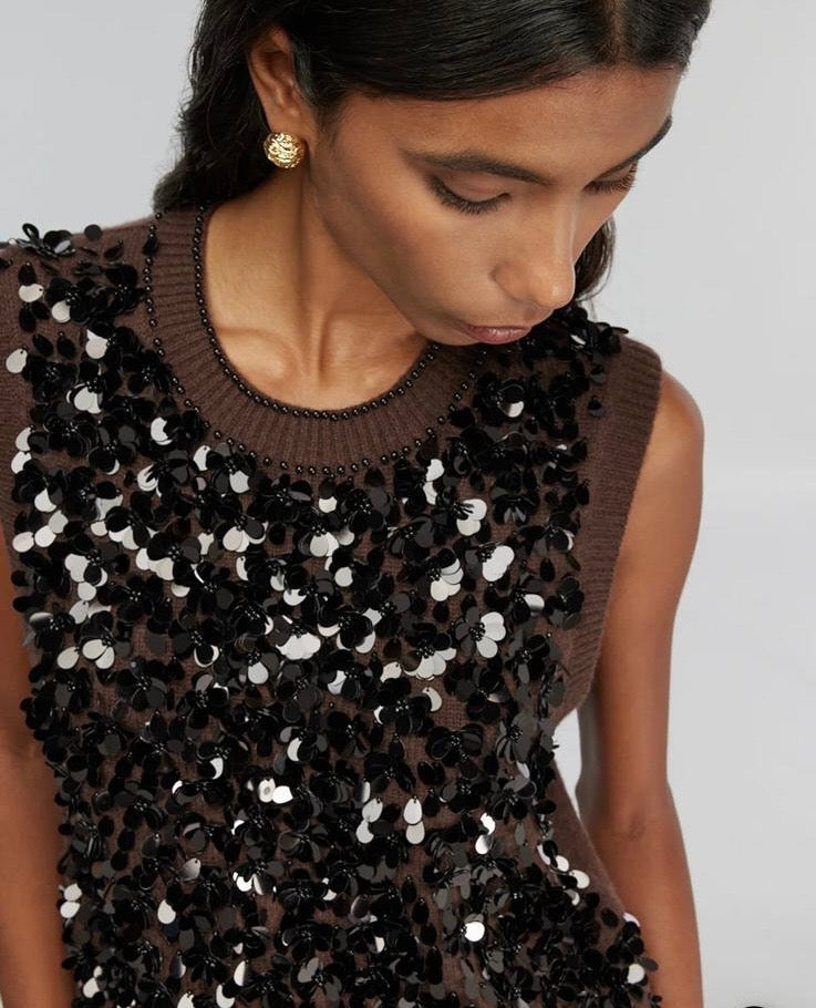 Semicouture gilet cioccolato misto cachemire all over paillettes e perline Lorena