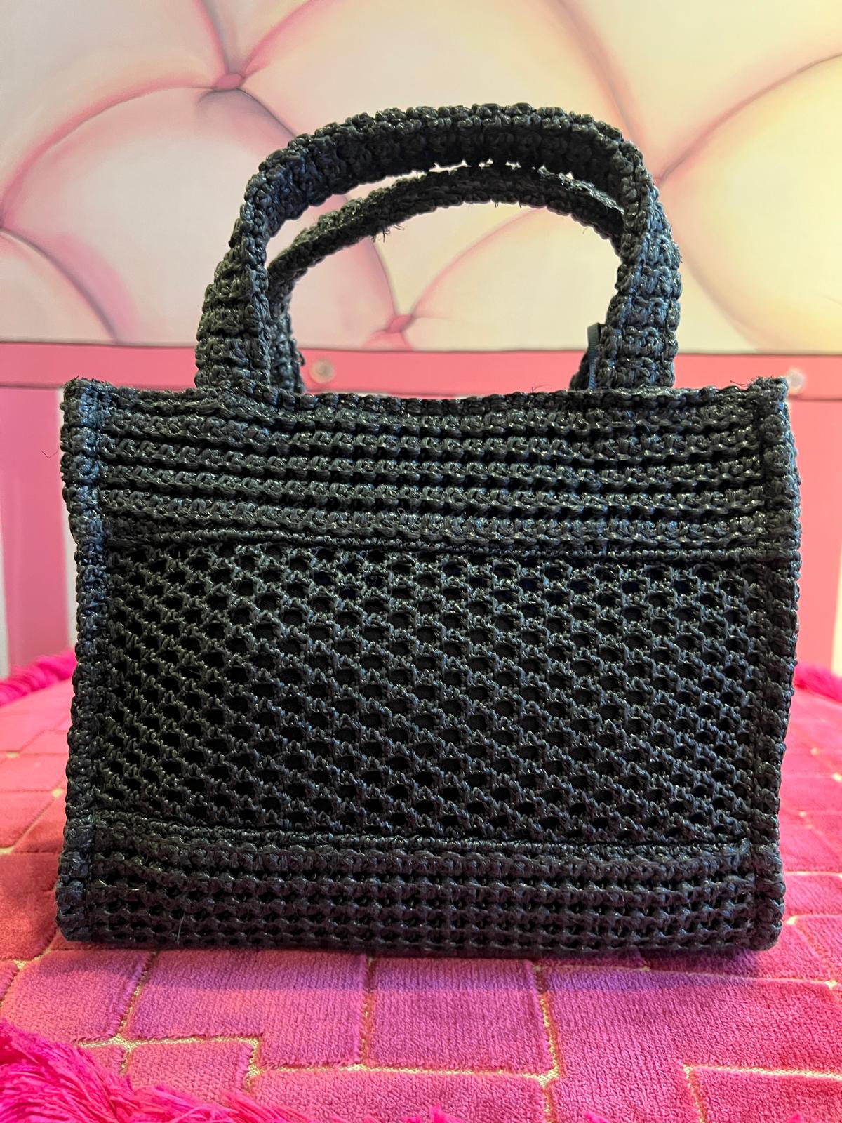 Rue Madam borsa due manici con tracolla l’ avana mini in rafia logo ecopelle nera
