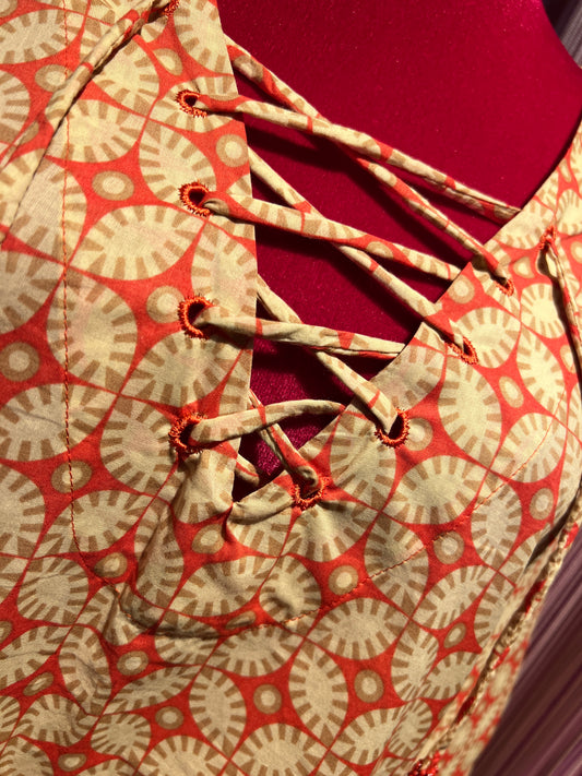 Maliparmi camicia in tela di cotone fantasia floral arancio beige e panna con conchiglie sulle maniche