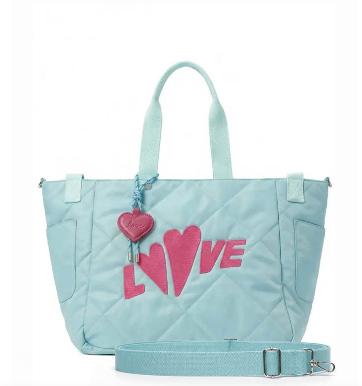 Miss goodlife borsa shopper trapuntata celeste con scritta love fucsia