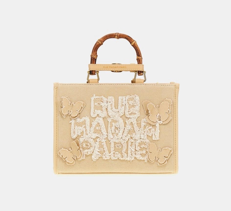 Rue Madam borsa butterfly mini due manici bambù con tracolla canvas cream