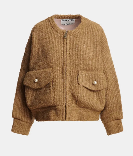 Essentiel antwerp giacca bomber cammello in tessuto boucle’ collo removibile in ecopelliccia rosa chiaro