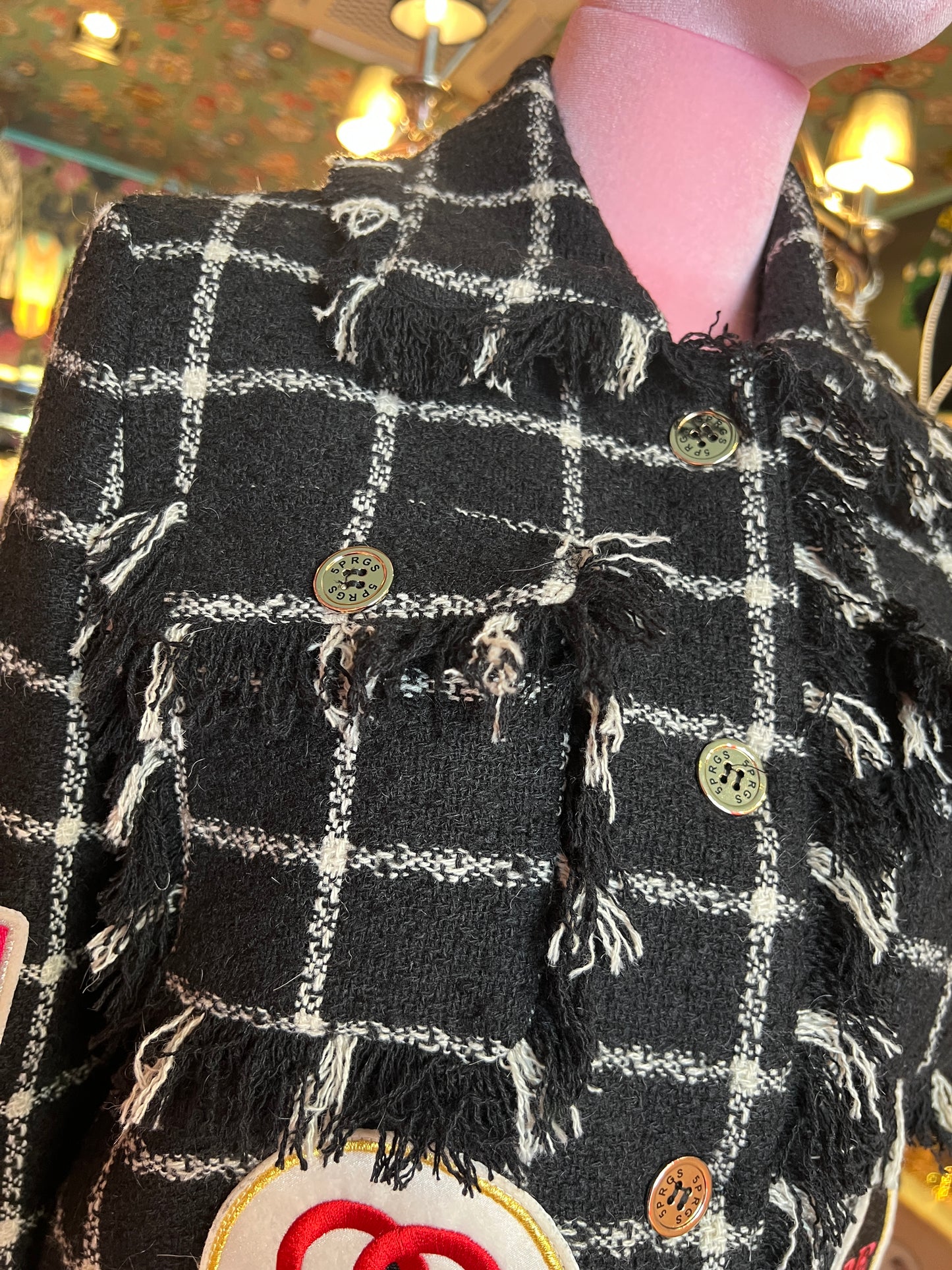 5 Progress giacca/cappotto in tweed con frange e patch