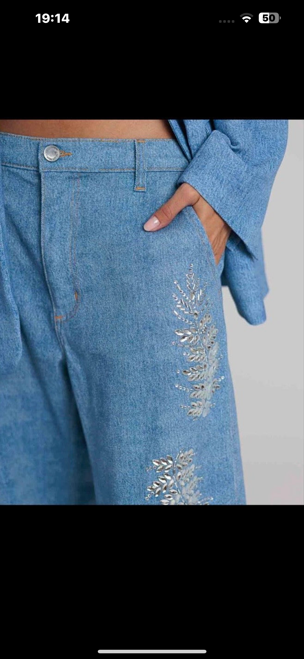 Rossano Perini -60% di sconto completo blazer denim oversize con applicazione foglie strass cristallo e pantalone