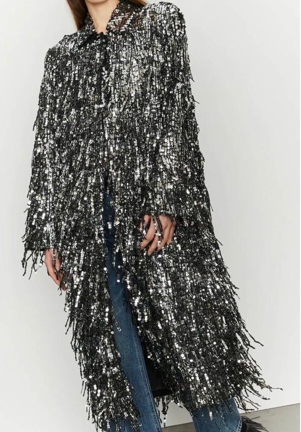 Isabelle Blanche Paris cappotto con frange di paillettes nero/argento