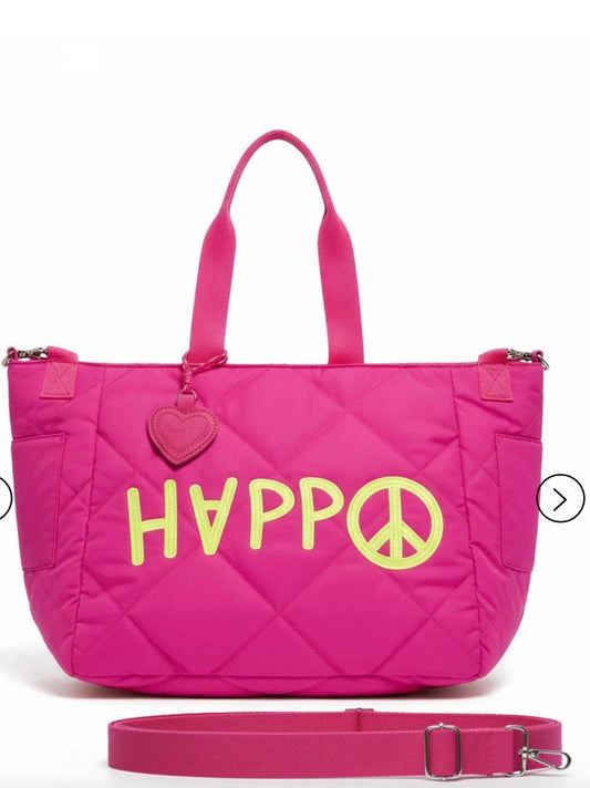 Miss goodlife borsa shopper trapuntata rosa neon con scritta happy giallo neon , tracolla