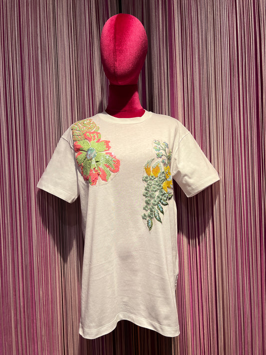 Pink memories T-shirt over con stampa e ricami paillettes