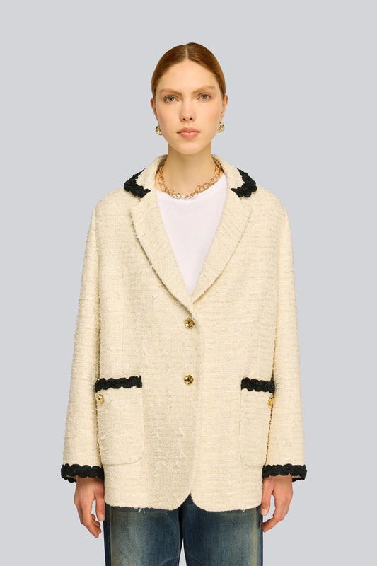 Semicouture giacca panna in tweed abbottonata frontale con rever profilo nero vestibilita’ over
