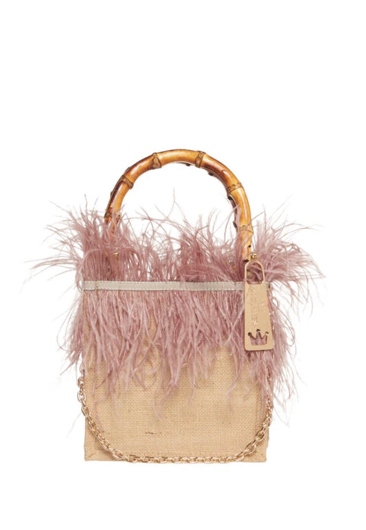 La Milanesa borsa intrecciata in juta manici in bamboo tracollina dorata violetta small rosa