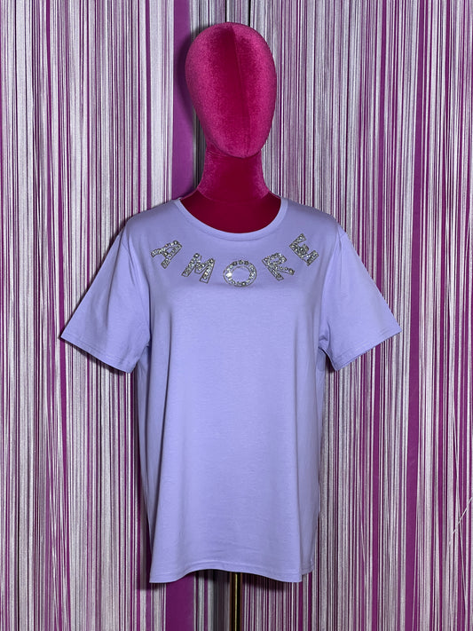 Mon amour Paris t-shirt lilla mezza manica con scritta “ amore “ cristalli