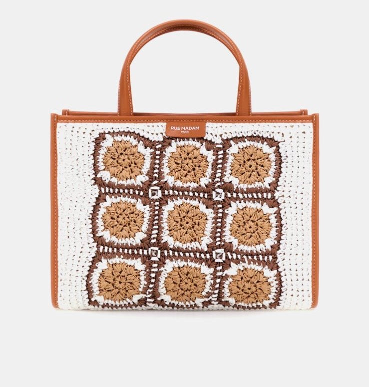 Rue Madam borsa due manici con tracolla carioca TOTE ecopelle vegan pannello rafia crochet realizzato a mano
