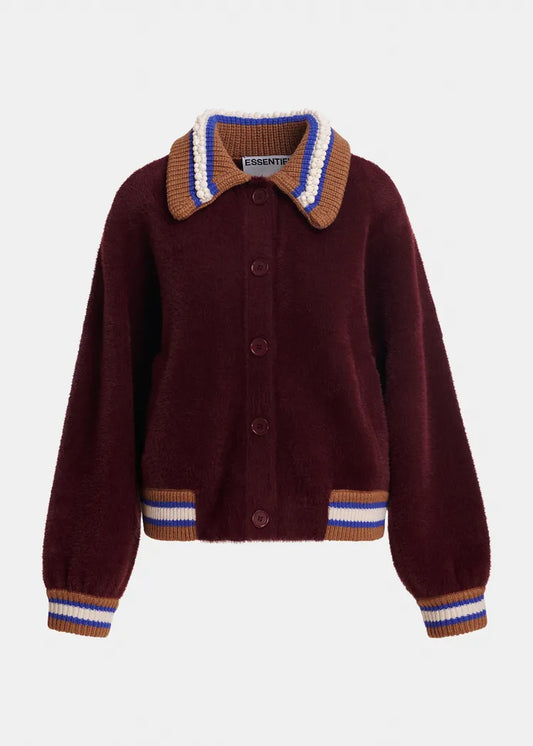 Essentiel antwerp cardigan bordeaux con colletto decorato con perline bianche , toni del marrone blu e bianco sporco