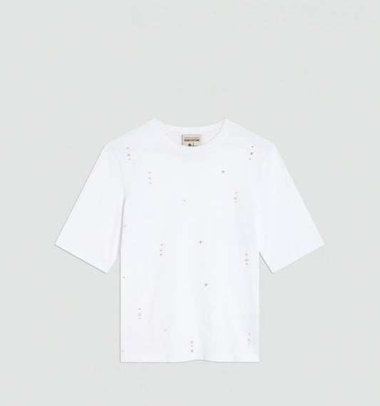 Semicouture t shirt in cotone ricamata con strass sfaccettati effetto crystal