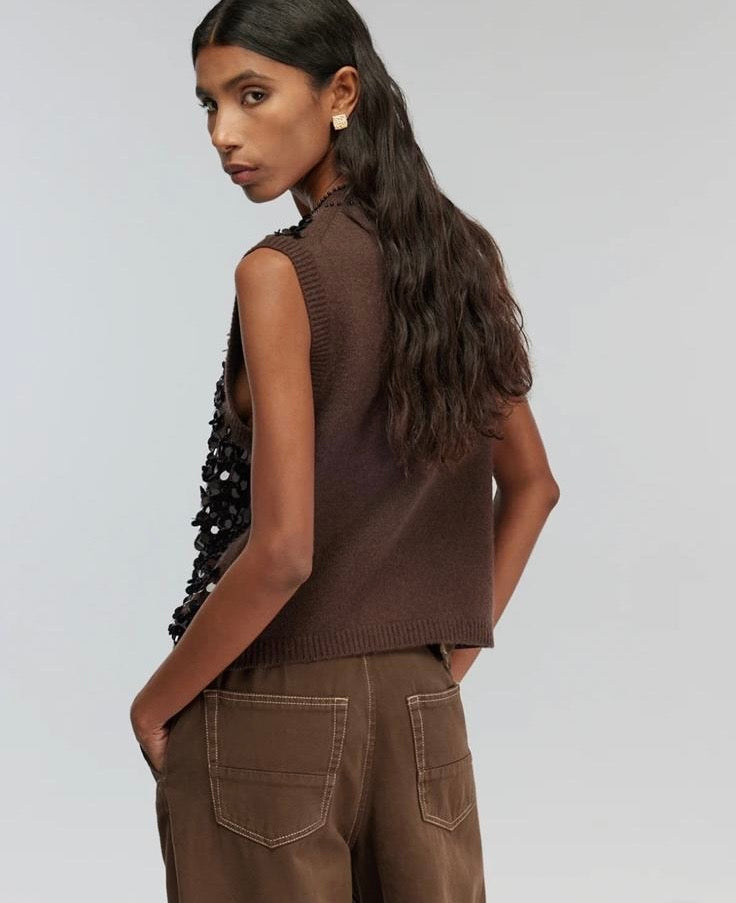 Semicouture gilet cioccolato misto cachemire all over paillettes e perline Lorena
