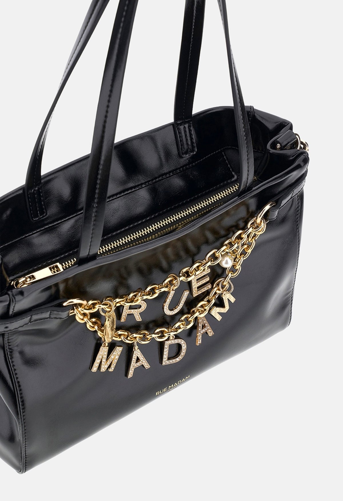 Rue Madam Paris borsa mini in ecopelle nera effetto vinile impreziosita da charms con doppia catena