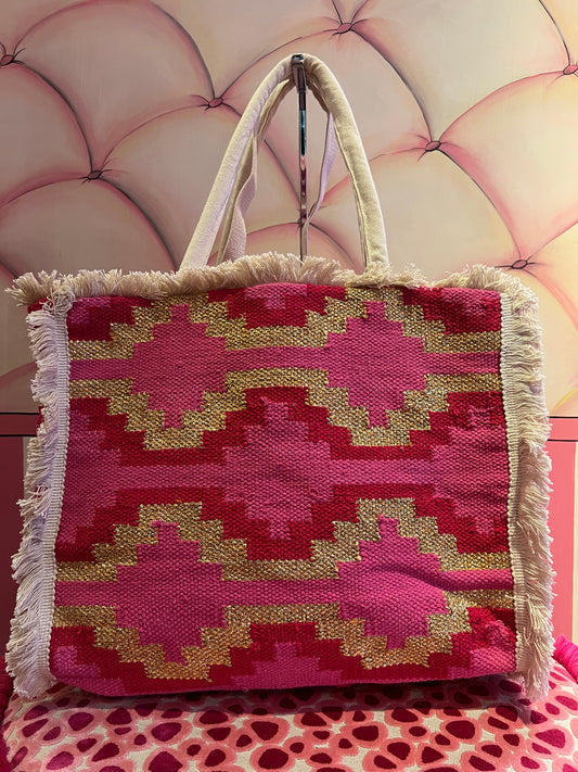 Borsa tela due manici con tracolla fantasia geometrica fucsia e oro