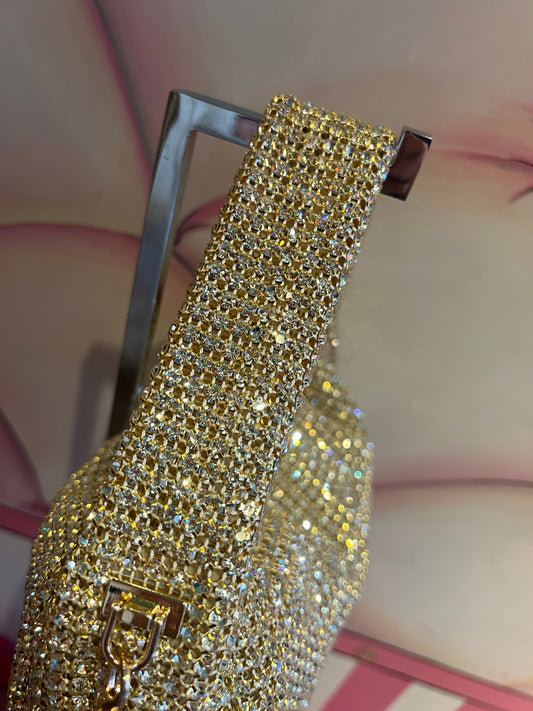 Love & roses borsa a mano full strass oro chiaro con tracolla metallica gold