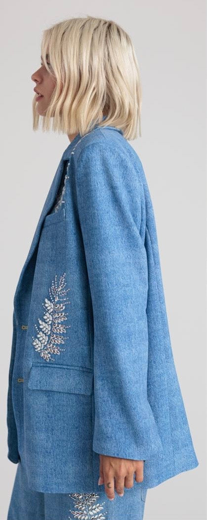 Rossano Perini blazer denim oversize con applicazione foglie strass cristallo