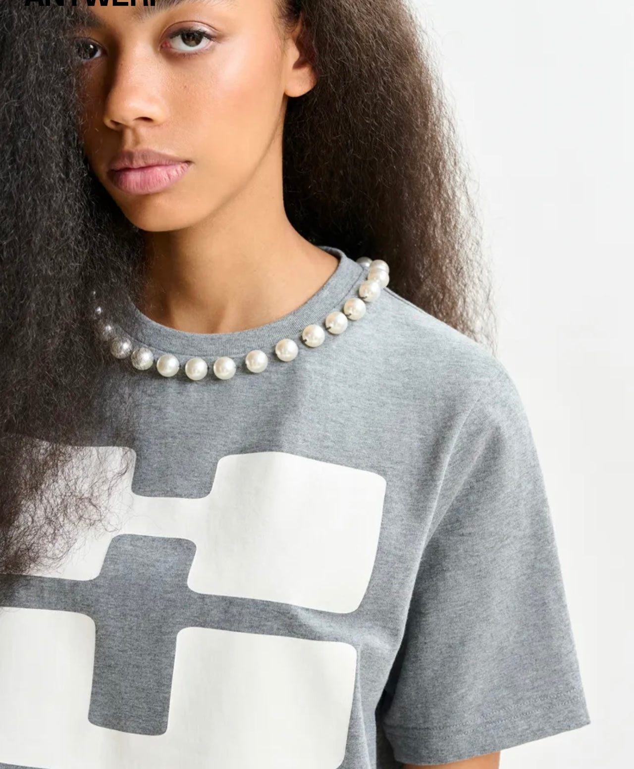 Essentiel antwerp t shirt grigia con stampa “ Huh?” decorazione perle Isos