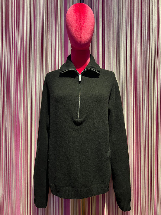 Semicouture maglia nera zip collo in lana merinos e dettagli in fresco di lana