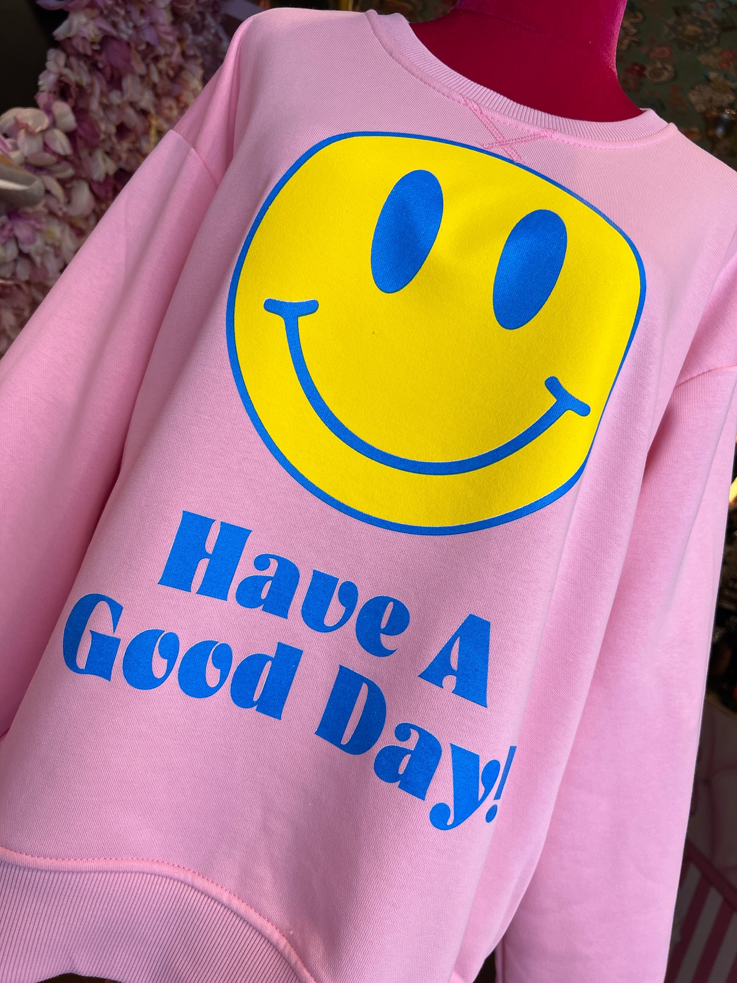 Mon amour Paris -20% di sconto felpa rosa smile giallo “ have a good day!”