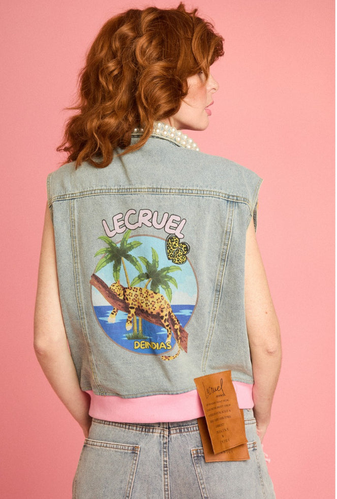 Le Cruel -50% di sconto gilet denim over con decorazioni cuori e perle , stampa retro