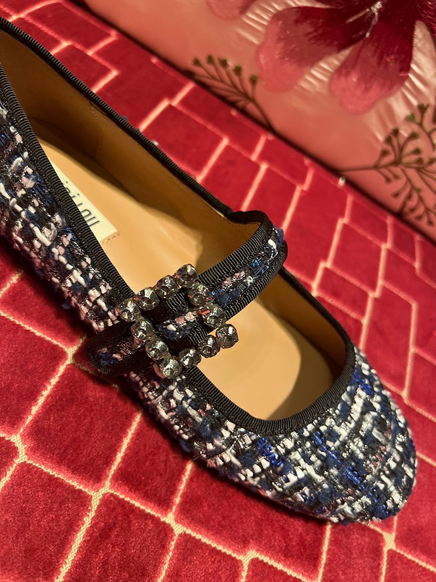 Bibi Lou meno 50% ballerina boucle nera panna e blu fibia Swarovski