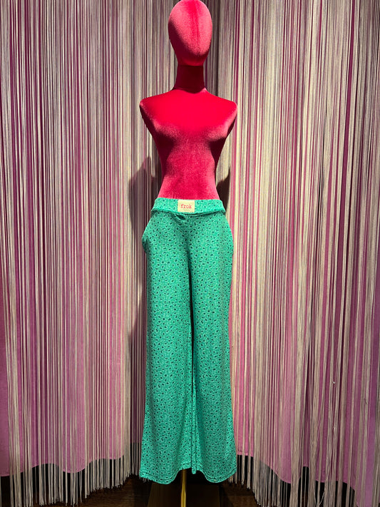 Frok pantalone in spugna verde bandiera disegno leopardo con elastico in vita