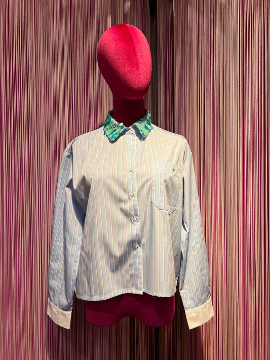 Sincere Paris camicia di cotone a righe celesti collo paillettes