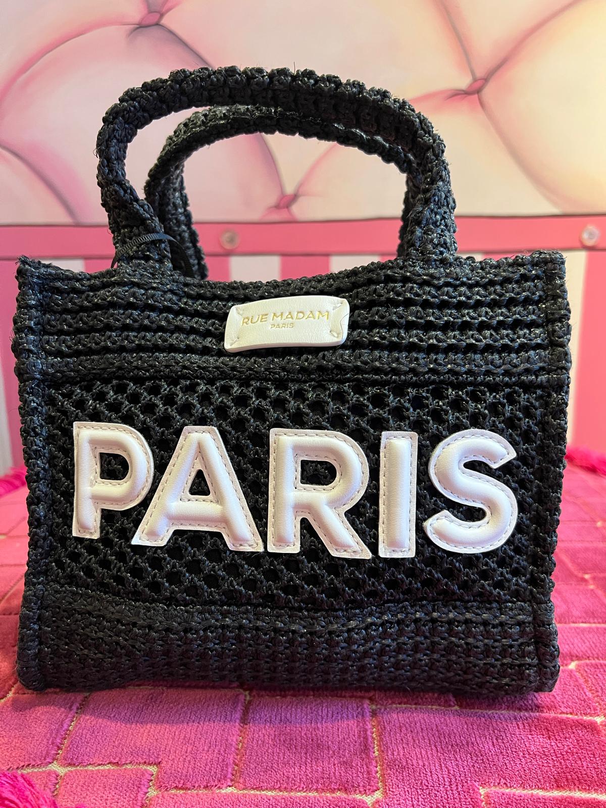 Rue Madam borsa due manici con tracolla l’ avana mini in rafia logo ecopelle nera