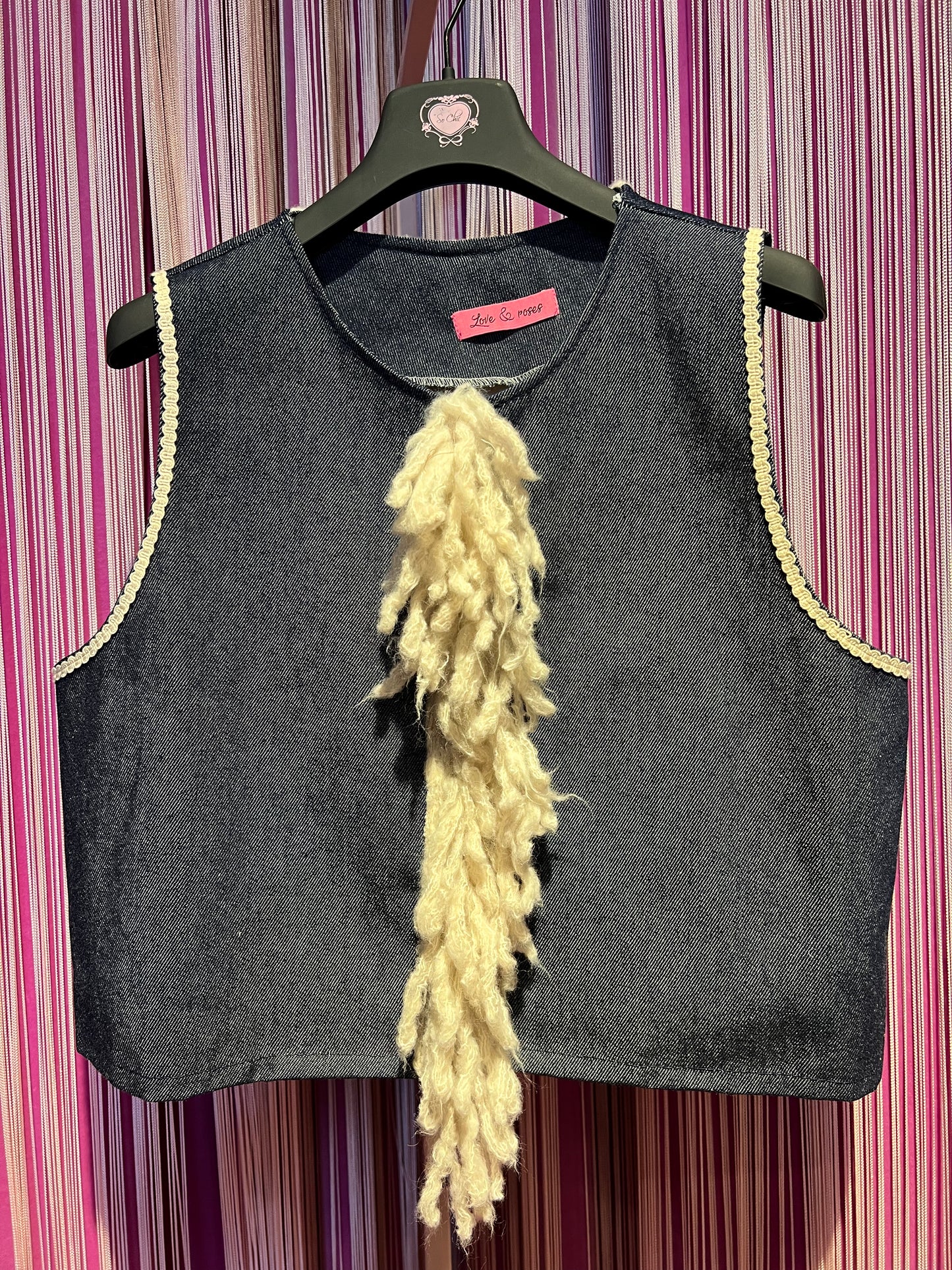 Love & roses gilet jeans frangia lana treccia dietro