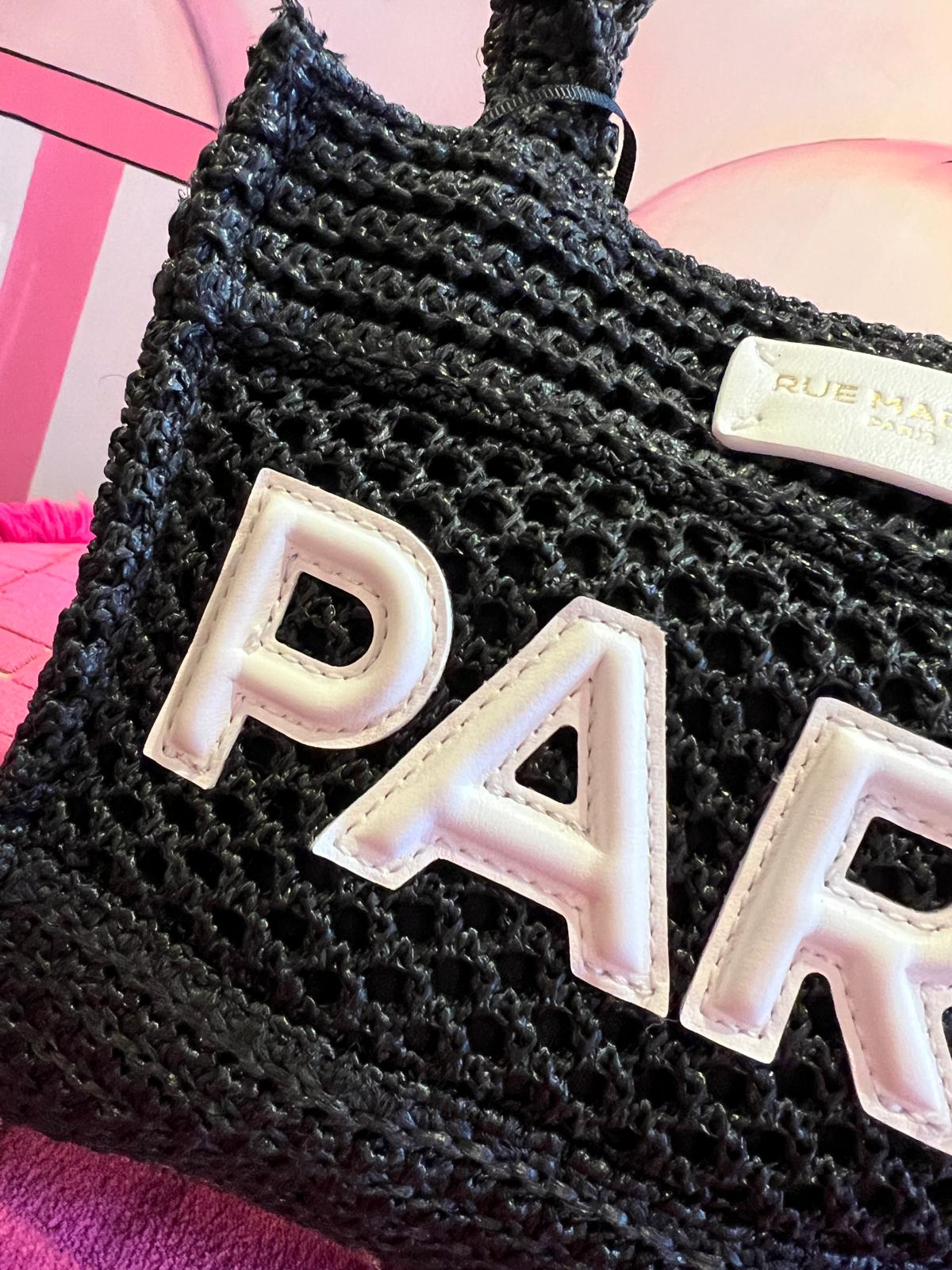 Rue Madam borsa due manici con tracolla l’ avana mini in rafia logo ecopelle nera