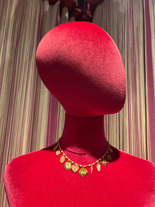 Principessa glam collana girocollo perline rosa con charms occhio rosa cornetto rosa