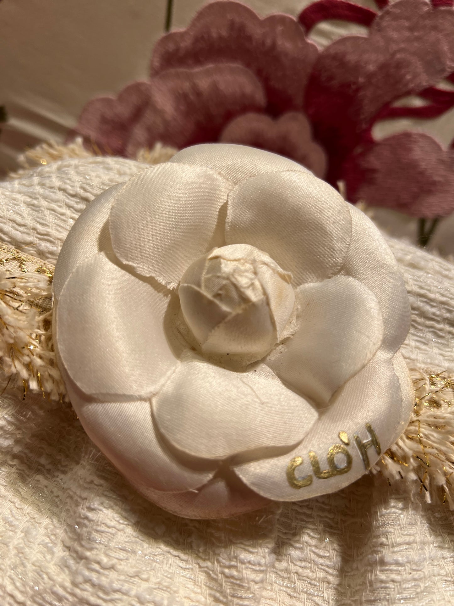 Clo’h meno 50%clutch tessuto juta con camelia panna
