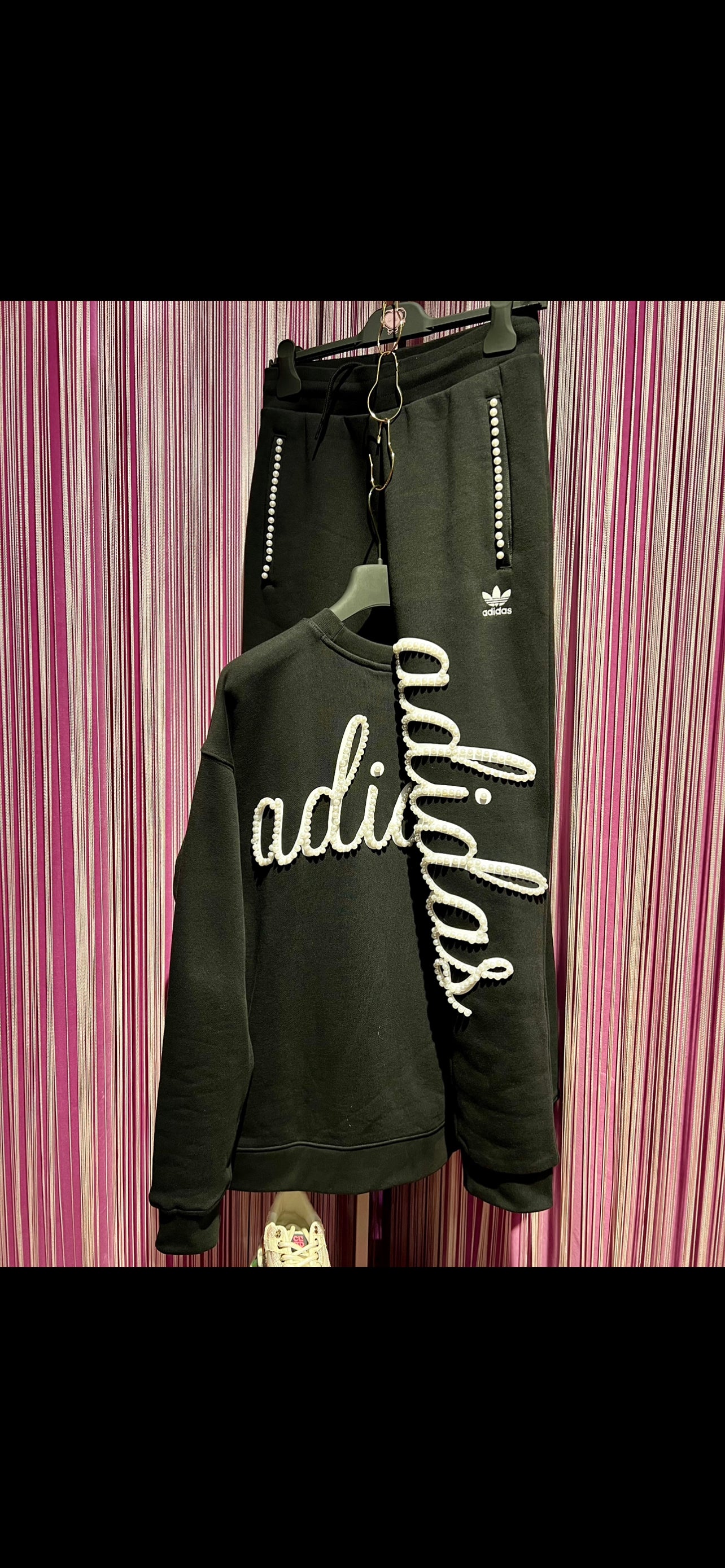 Adidas completo tuta nera felpa e pantalone logo perle