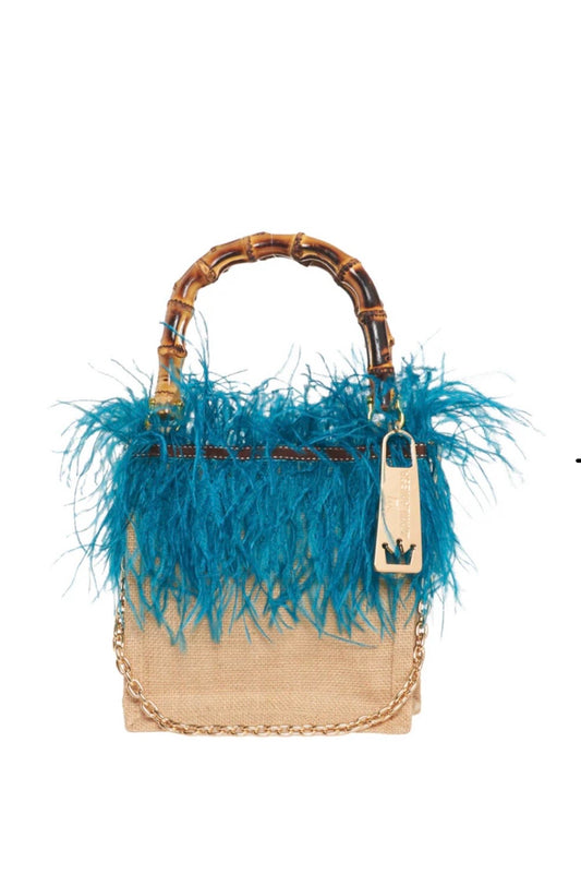 La Milanesa borsa intrecciata in juta manici in bamboo tracollina dorata violetta small ottanio