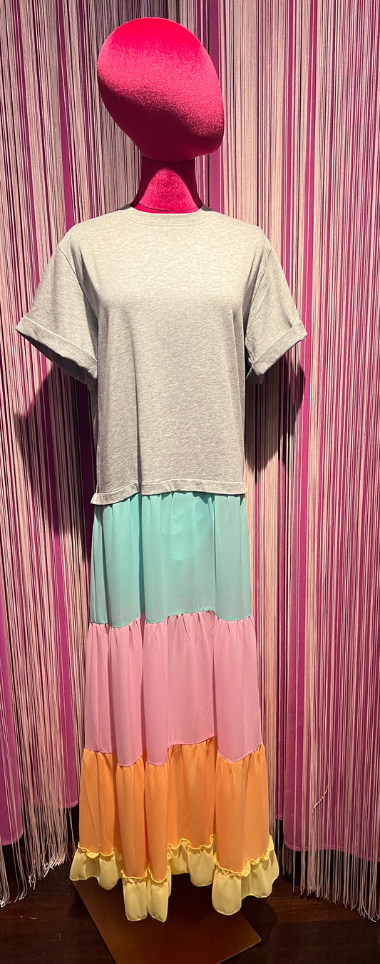 Sincere Paris -50% di sconto abito lungo a balze grigio e multicolor